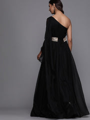 Inddus Black Solid One-Shoulder Maxi Dress with Attached Dupatta - inddus-us