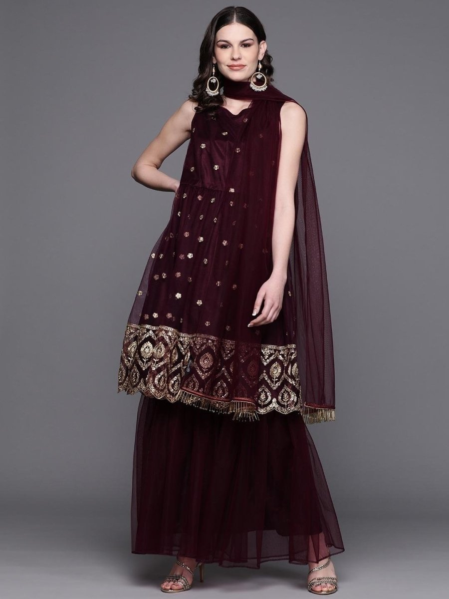 Inddus Burgundy & Golden Embroidered Kurta with Sharara & Dupatta - Inddus.com