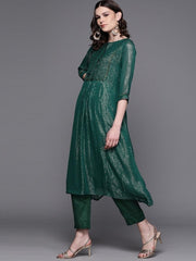 Inddus Green & Golden Self-Striped Kurta with Trousers - Inddus.com
