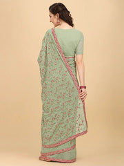 Inddus Green Pink Floral Embroidered Sequinned Saree - Inddus.com