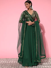 Inddus Green Semi-Stitched Lehenga Unstitched Blouse With Dupatta - Inddus.com