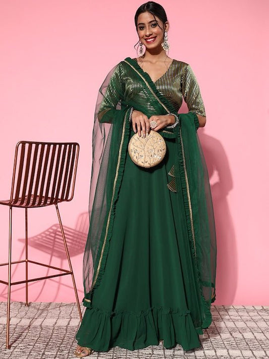 Inddus Green Semi-Stitched Lehenga Unstitched Blouse With Dupatta - Inddus.com