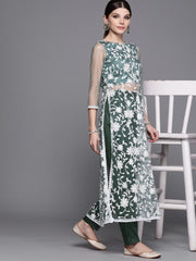 Inddus Green & White Embroidered Kurta with Trousers - Inddus.com