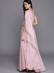 Inddus Lavender Solid One-Shoulder Maxi Dress with Attached Dupatta - inddus-us