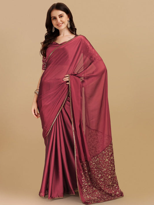 Inddus Maroon Gold-Toned Sequinned Silk Blend Saree - Inddus.com