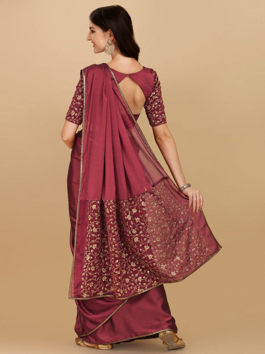 Inddus Maroon Gold-Toned Sequinned Silk Blend Saree - Inddus.com