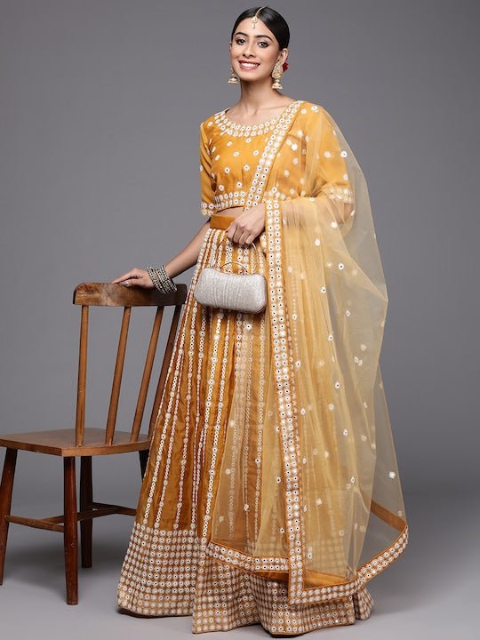 Inddus Mustard Embroidered Thread Work Semi-Stitched Lehenga & Unstitched Blouse With Dupatta Net - Inddus.com