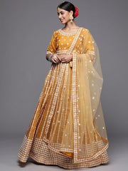 Inddus Mustard Embroidered Thread Work Semi-Stitched Lehenga & Unstitched Blouse With Dupatta Net - Inddus.com
