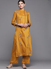 Inddus Mustard Yellow Floral Embroidered Kurta with Palazzos - inddus-us