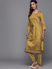 Inddus Mustard Yellow Solid Kurta with Trousers & Dupatta - inddus-us