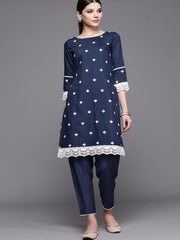 Inddus Navy & White Chanderi Cotton Embroidered Kurta with Trousers - Inddus.com