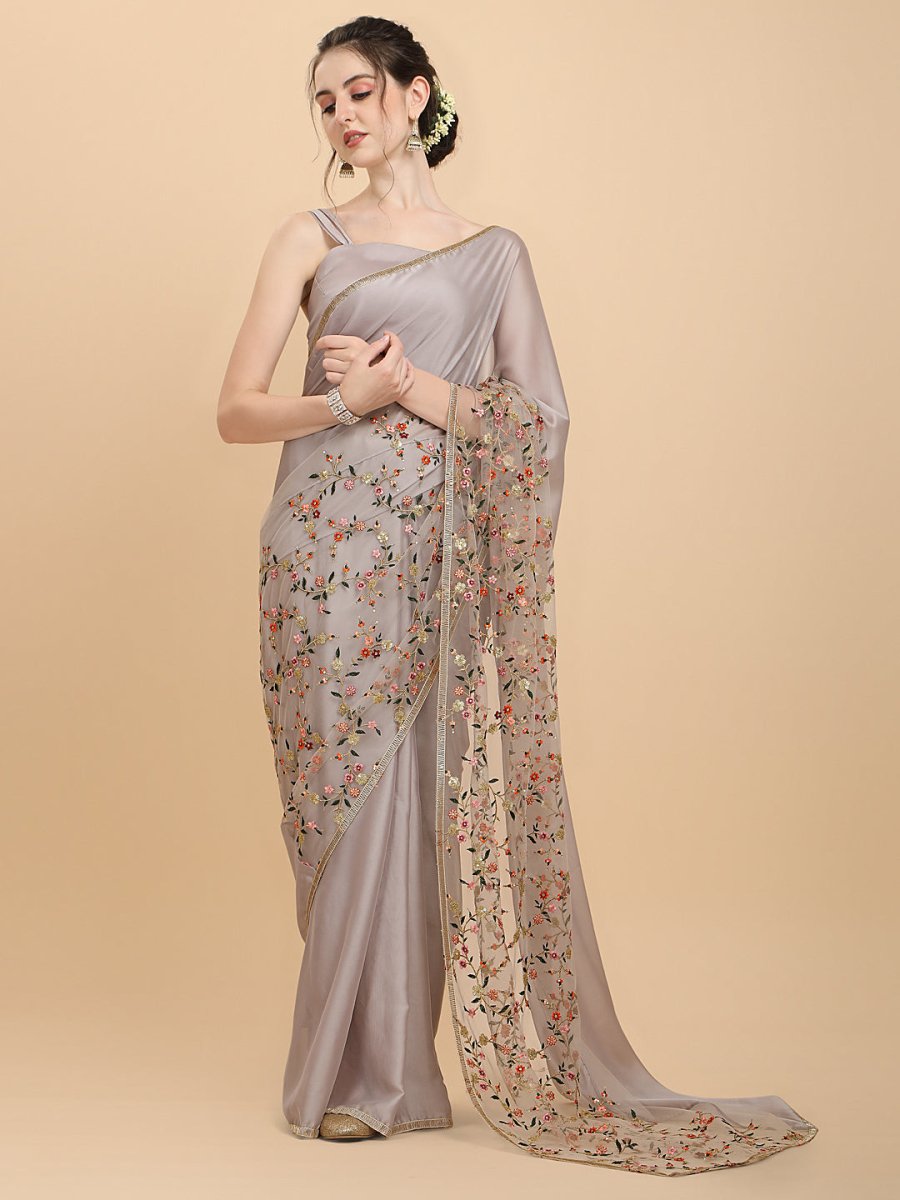 Inddus Off White Gold-Toned Floral Embroidered Silk Blend Heavy Work Saree - Inddus.com