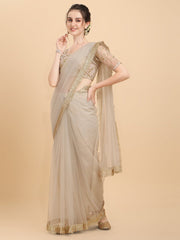 Inddus Off White Gold-Toned Sequinned Net Saree - Inddus.com