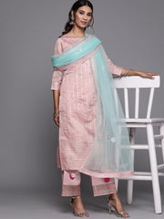 Inddus Peach-Coloured & Green Striped Kurta with Palazzos & Dupatta - inddus-us