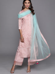 Inddus Peach-Coloured & Green Striped Kurta with Palazzos & Dupatta - inddus-us