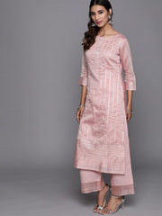 Inddus Peach-Coloured & Green Striped Kurta with Palazzos & Dupatta - inddus-us