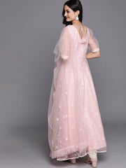 Inddus Pink Embroidered Net Anarkali Kurta With Dupatta - Inddus.com
