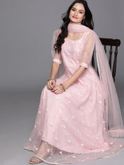 Inddus Pink Embroidered Net Anarkali Kurta With Dupatta - Inddus.com