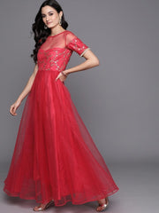 Inddus Pink Net Sequinned Maxi Dress - inddus-us
