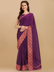 Inddus Purple Orange Embroidered Silk Blend Saree - Inddus.com