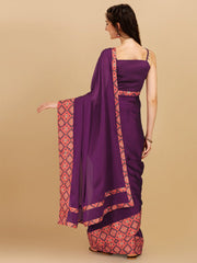 Inddus Purple Orange Embroidered Silk Blend Saree - Inddus.com