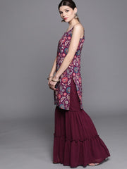 Inddus Purple Printed Kurta with Sharara & Dupatta - Inddus.com