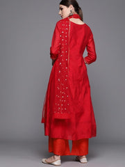 Inddus Red Chanderi Cotton Solid Kurta with Palazzos & Dupatta - Inddus.com