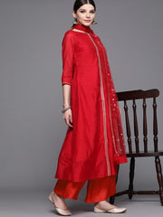 Inddus Red Chanderi Cotton Solid Kurta with Palazzos & Dupatta - Inddus.com