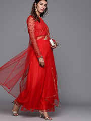 Inddus Red Sequinned Top with Palazzos & Dupatta - Inddus.com