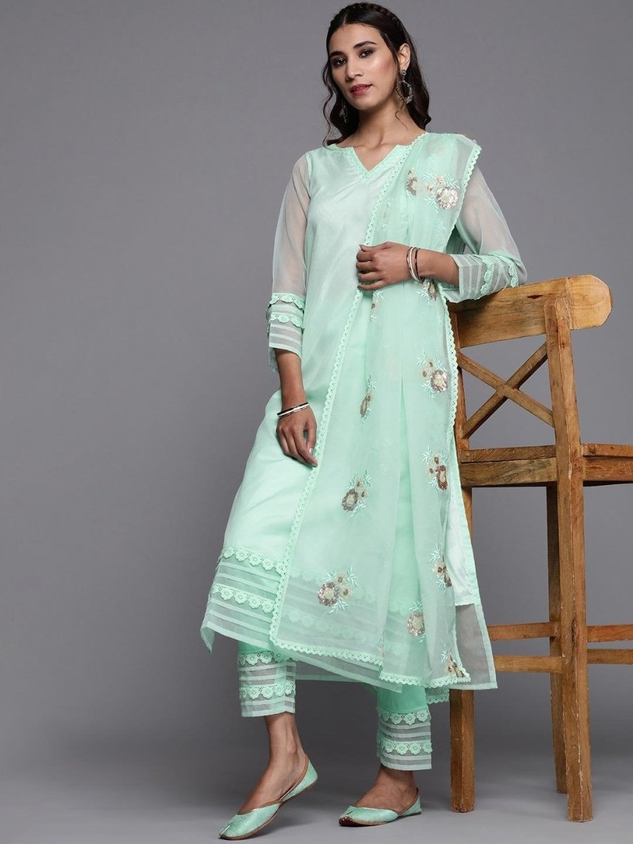 Inddus Sea Green Solid Kurta with Trousers & Dupatta - Inddus.com