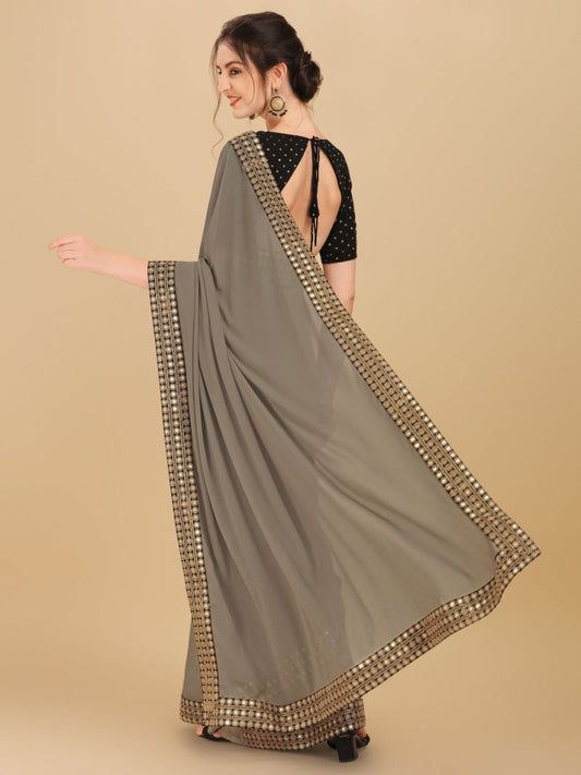 Inddus Taupe Sequinned Saree - Inddus.com