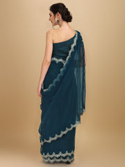 Inddus Teal Silver-Toned Embroidered Net Saree - Inddus.com