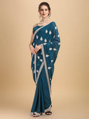 Inddus Teal Silver-Toned Ethnic Motifs Embroidered Half and Half Saree - Inddus.com