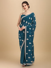 Inddus Teal Silver-Toned Ethnic Motifs Embroidered Half and Half Saree - Inddus.com