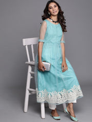 Inddus Turquoise Blue Solid Net A-Line Kurta With Embroidered Hem - Inddus.com