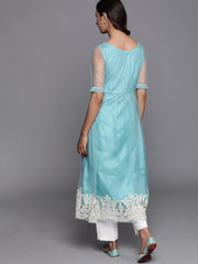 Inddus Turquoise Blue Solid Net A-Line Kurta With Embroidered Hem - Inddus.com