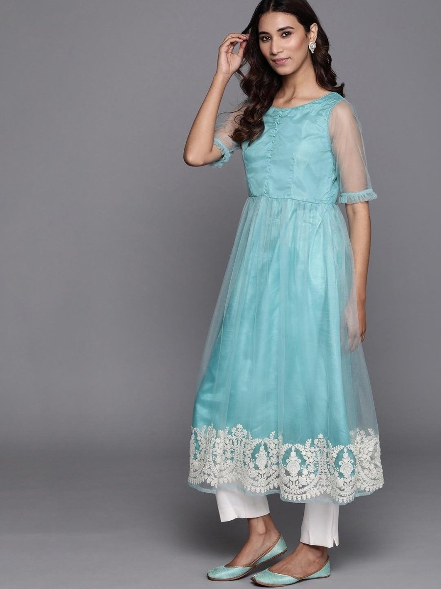 Inddus Turquoise Blue Solid Net A-Line Kurta With Embroidered Hem - Inddus.com