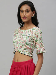 Inddus Women Cream-Coloured Green Floral Printed Ethnic Crop Top - Inddus.com