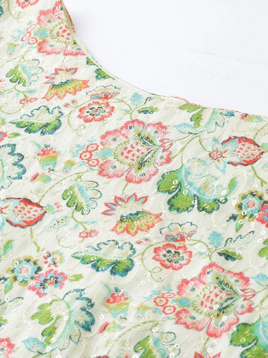 Inddus Women Cream-Coloured Green Floral Printed Ethnic Crop Top - Inddus.com