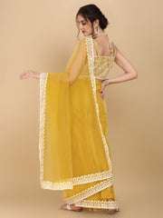 Inddus Yellow White Embroidered Net Saree - Inddus.com