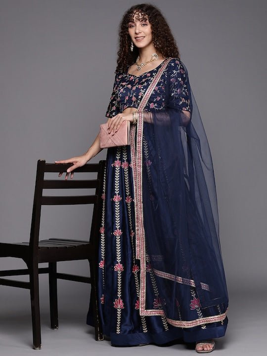 Indduss Floral Zari Embroidered Unstitched Lehenga & Blouse With Dupatta - Inddus.com