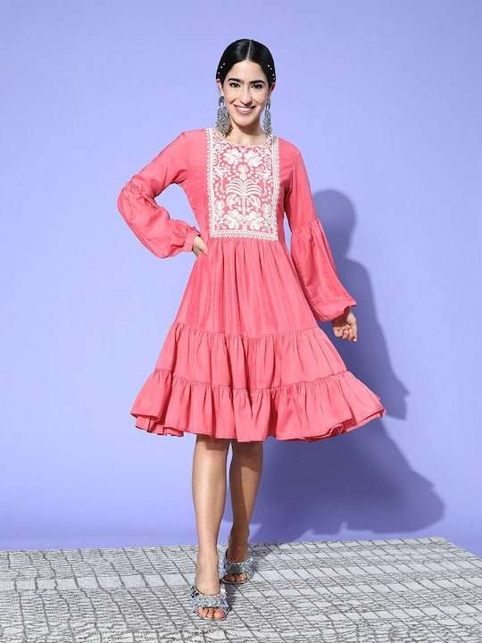 Induss Embroidered Yoke Design Midi Dress Induss Embroidered Yoke Design Midi Dress