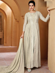 Ivory Georgette Partywear High-Slit-Style-Suit with Pant - Inddus.com