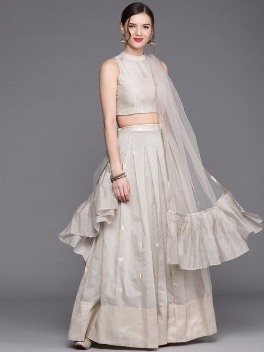 Ivory Woven SemiStitched Lehenga with Blouse and Net Dupatta - inddus-us