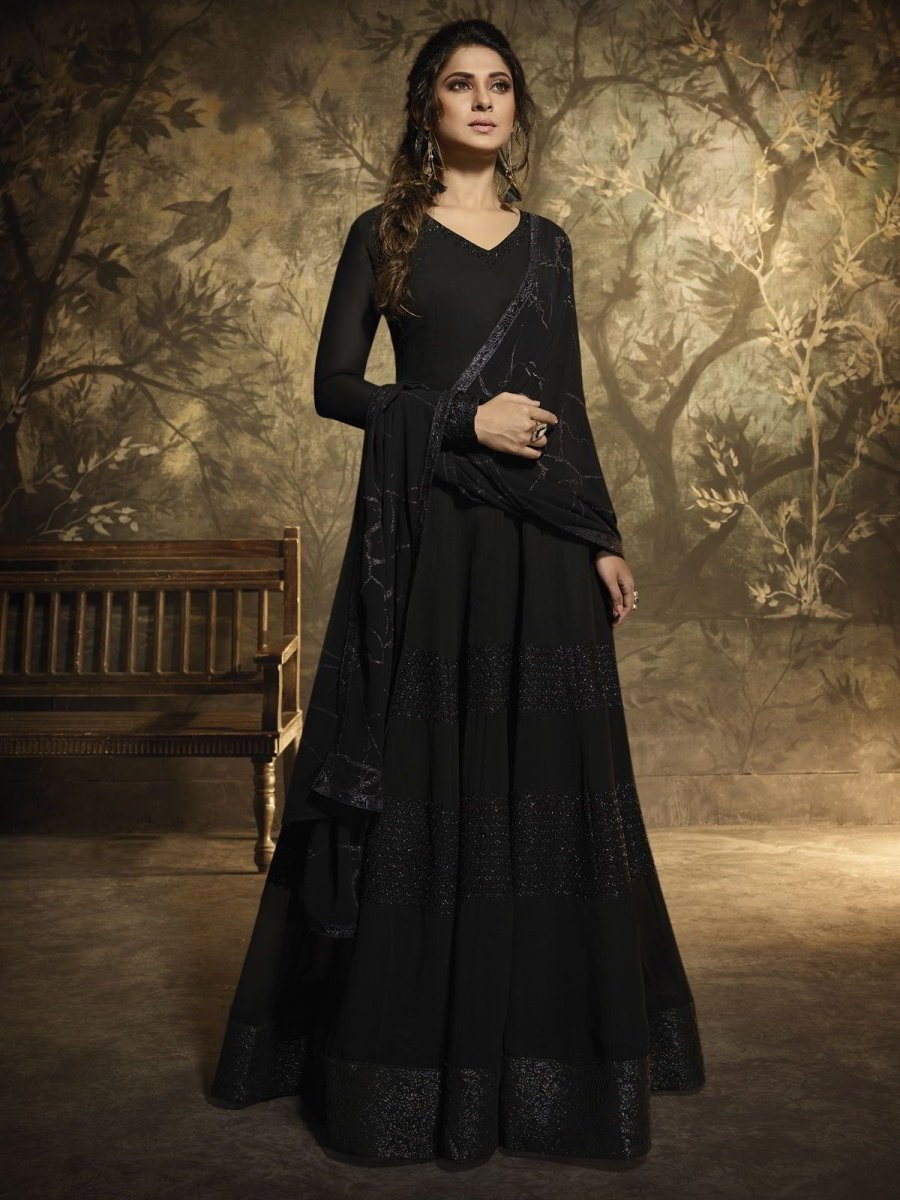 Jennifer Winget Black Georgette Gown Suit - inddus-us