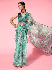 Kalamkari Printed Organza Saree - Inddus.com