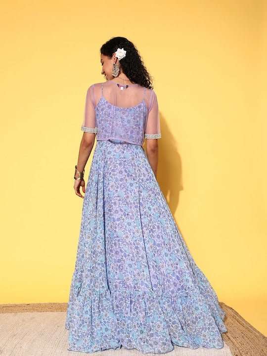 Lavender & Blue Floral Chiffon Maxi Dress With Net Jacket Lavender & Blue Floral Chiffon Maxi Dress With Net Jacket