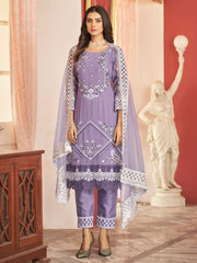 Lavender Embroidered Partywear Straight-Cut-Suit - Inddus.com