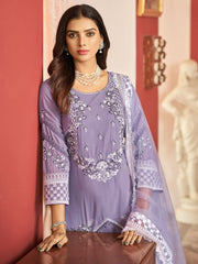 Lavender Embroidered Partywear Straight-Cut-Suit - Inddus.com