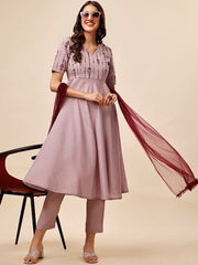 Lavender Ethnic Embroidered Chanderi Cotton A-Line Kurta & Trousers With Dupatta - Inddus.com